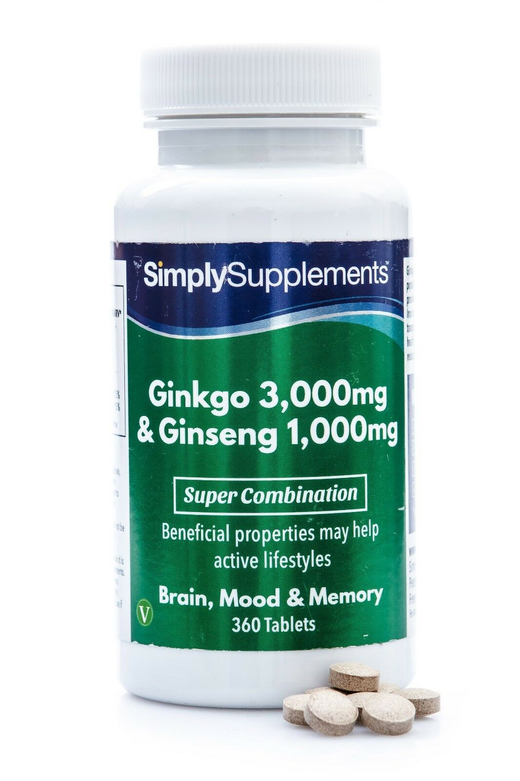 SimplySupplements Ginkgo Biloba 3000mg &amp; Korean Ginseng 1000mg ,360 Tablets خليط نباتى من الجينكو بيلوبا 3000 مجم والجنسنج 1000 مجم لدعم صحة المخ والذاكرة والمزاج ,360 حباية