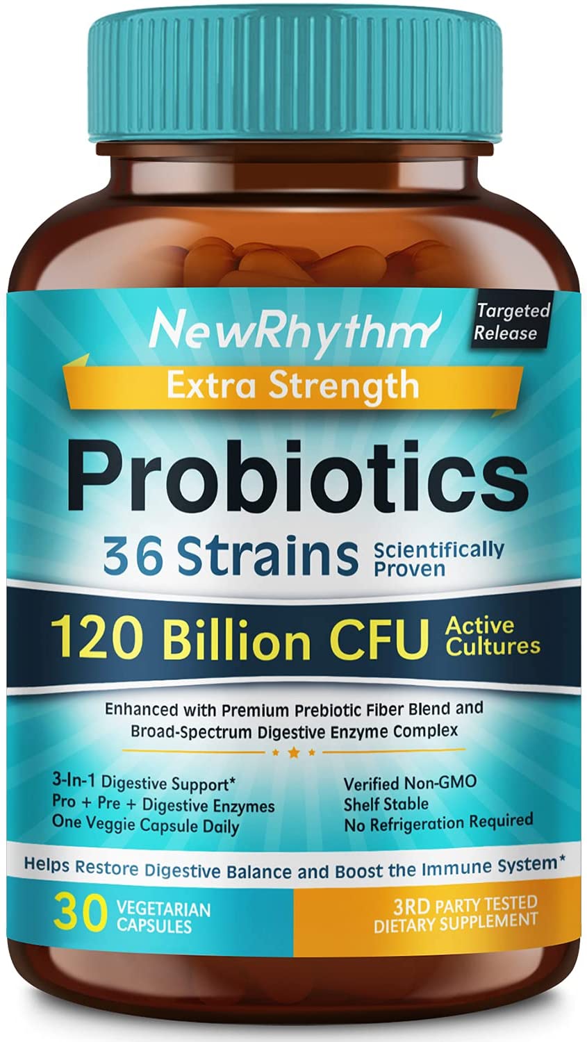 NewRhythm Extra Strength Probiotics 120 Billion CFU 36 Strains, 3-in-1 Digestive &amp; Immune Support with Prebiotics &amp; Enzymes, Targeted Release, Stomach Acid Resistant, No Refrigeration, Non-GMO, Vegan