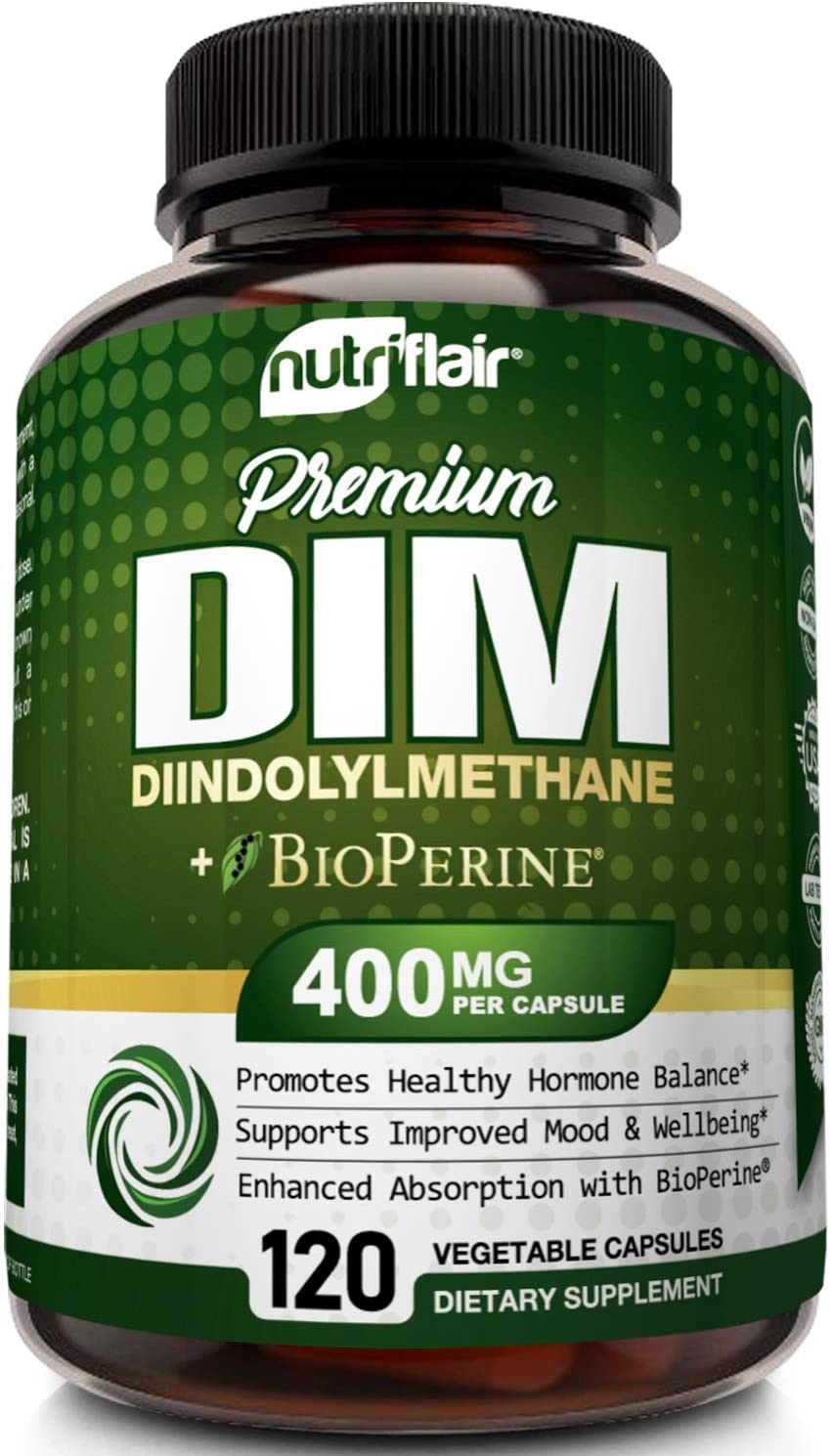 NutriFlair DIM Supplement 400mg with Bioperine, 120 Capsules - Diindolylmethane - Estrogen Metabolism Support &amp; Hormone Balance, Menopause, PCOS, Acne and Skin Care for Men &amp; Women - Compare to 300mg