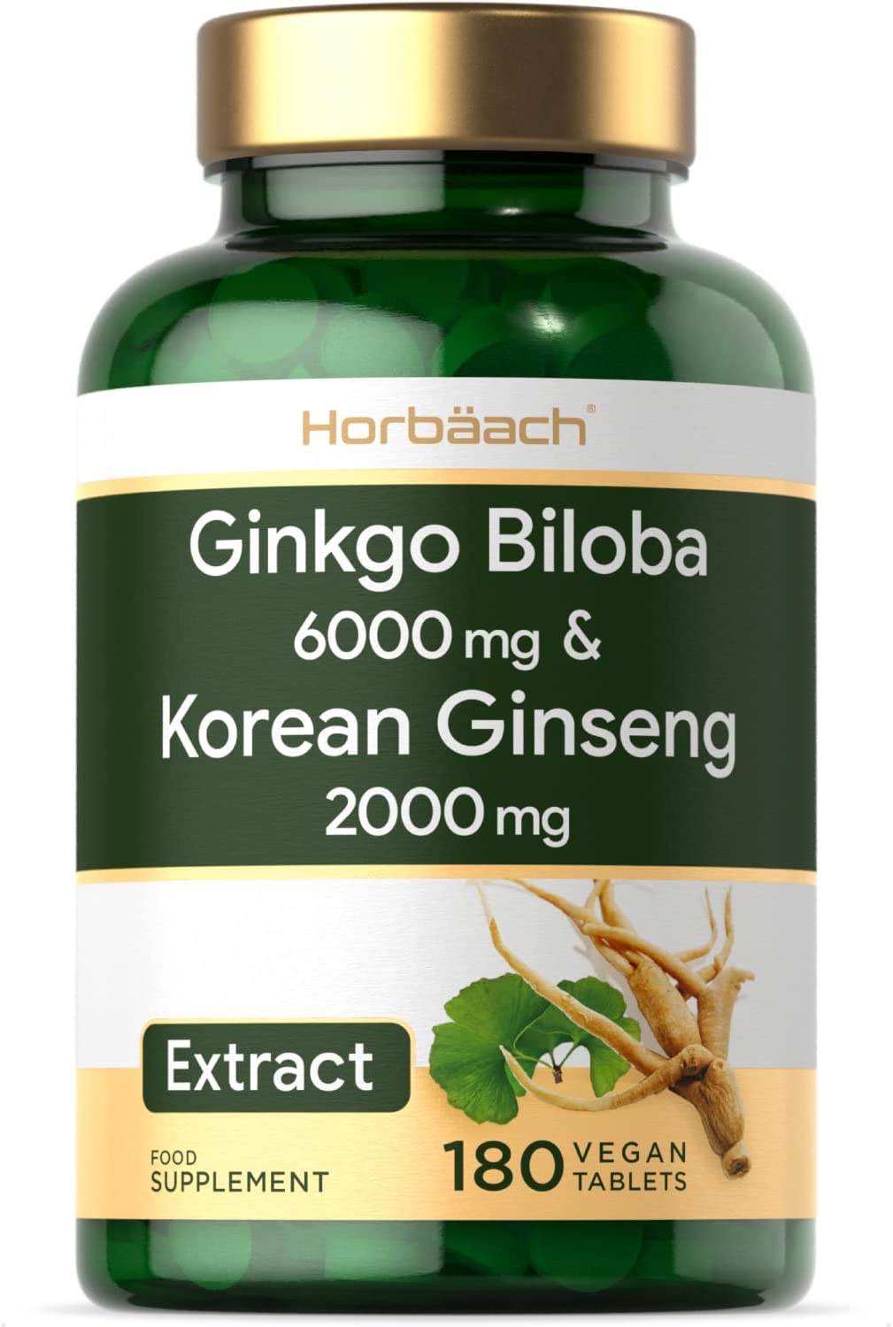 Ginkgo Biloba 6000mg &amp; Korean Panax Ginseng 2000mg | 180 Vegan Tablets | High Strength | Non-GMO, Gluten Free Supplement | No Artificial Preservatives