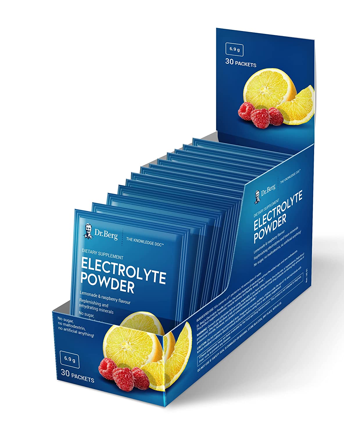 Dr. Berg's Electrolyte Powder Packets - Travel Size Hydration Drink Mix Supplement -13x Potassium - Boost Energy &amp; Keto-Friendly - NO Maltodextrin, Sugar &amp; Carb-Free - Raspberry Lemon Flavor 30 Countsدكتور بيرج ، مسحوق الالكتروليت ، لتوليد الطاقة وتجديد الخلايا ، بطعم الليمون والراسبيرى الطبيعى، 30 جرعة