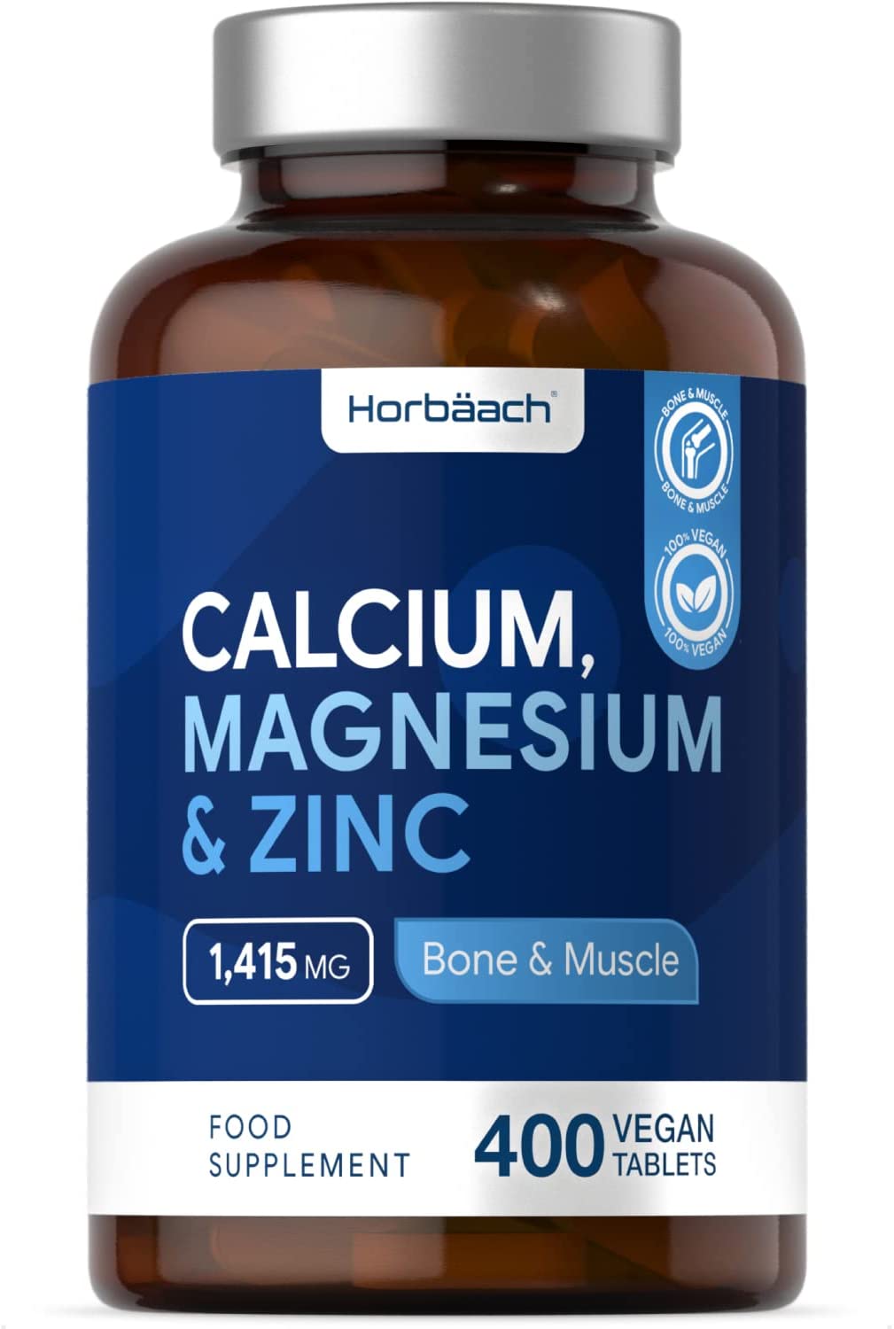 Calcium Magnesium Zinc Complex | 400 Vegan Tablets | Bones, Teeth &amp; Muscle Function | High Strength Osteo Supplement | No Artificial Preservatives | by Horbaach الكالسيوم والمغنيسيوم و الزنك | 400 قرص نباتي | يدعم وظيفة العظام والأسنان والعضلات | مكمل غذائي عالي القوة