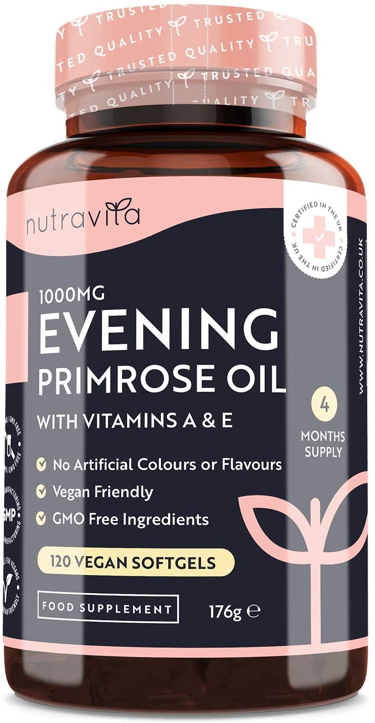 Vegan Cold Pressed Premium Evening Primrose Oil 1000mg - 120 High Strength Capsules - Rich Source of Omega 6 &amp; GLA with Vitamin A &amp; Vitamin E - Maintenance of Normal Skin - Made by Nutravita