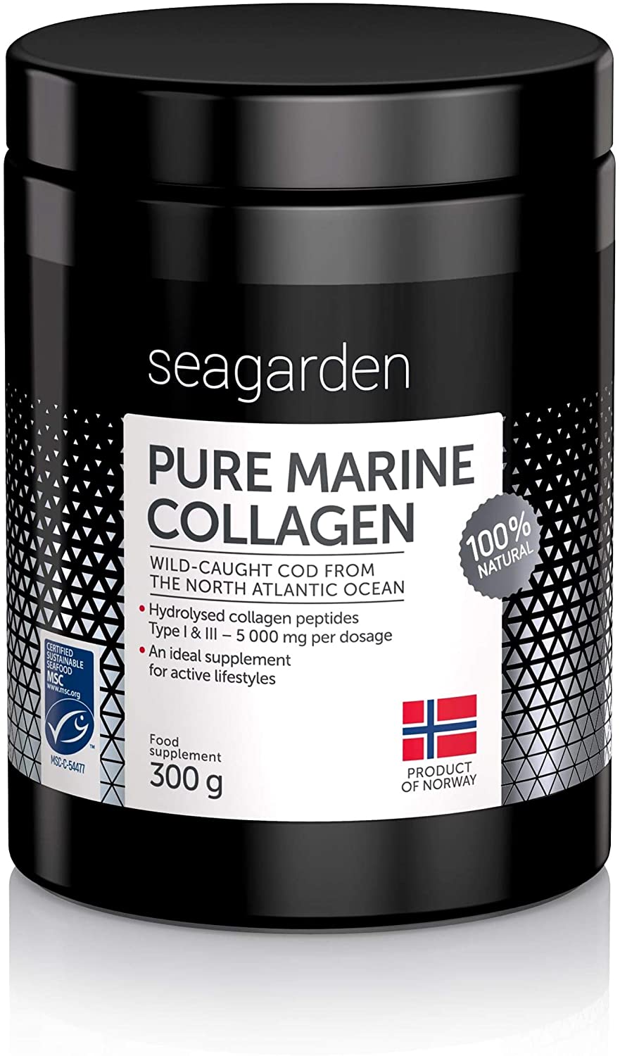 [Damaged cover]SEAGARDEN Pure Norwegian Sea Collagen Powder | Hydrolysate Peptides | Wild Norwegian Cod | 2 Month Supply | Dietary Supplement for Skin, Hair, Nails, Tendons and Ligaments | 300g مسحوق كولاجين البحرى النرويجى النقى 100% ، بيبتيدات الكولاجين المحلل فى أعماق المحيط ، لتحسين صحة البشرة والشعر والأظافر والمفاصل والأوتار والأربطة ، 300 جرام