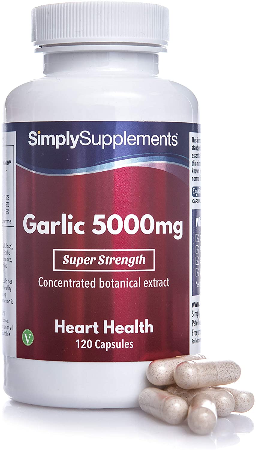SimplySupplements Garlic Capsules for Healthy Heart &amp; Circulation | High Strength Formula Provides 5000mg per Capsule | Vegan &amp; Vegetarian Friendly | 120 Capsules كبسولات الثوم عديمة الطعم و عالى التركيز 5,000 مجم للكبسولة ، لصحة القلب والأوعية الدموية ولصحة الجهاز المناعى ، 120 كبسولة