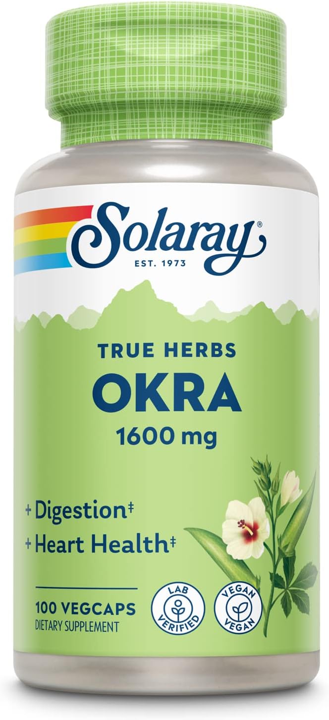 SOLARAY Okra Fruit 1600 mg, Healthy Digestion, Regularity & Cardiovascular Support, Soluble Fiber, 25 Serv, 100 VegCapsمستخلص الباميه لتحسين صحة القلب والجهاز الهضمي تركيز 1600مجم عبوه 100 كبسوله