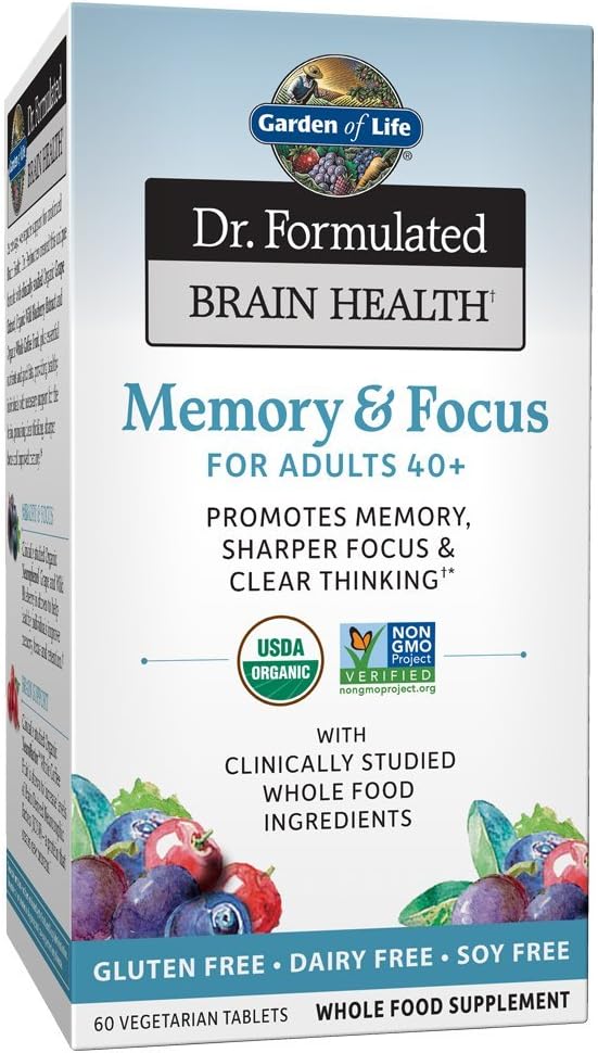 Garden of Life Dr. Formulated Organic Brain Health Memory &amp; Focus for Adults 40+ 60 Tablets دكتور فورميلاتيد ، فيتامينات ومعادن نباتية عضوية لصحة المخ والذاكرة ، وزيادة التركيز للبالغين فوق 40 عام ، 60 حباية