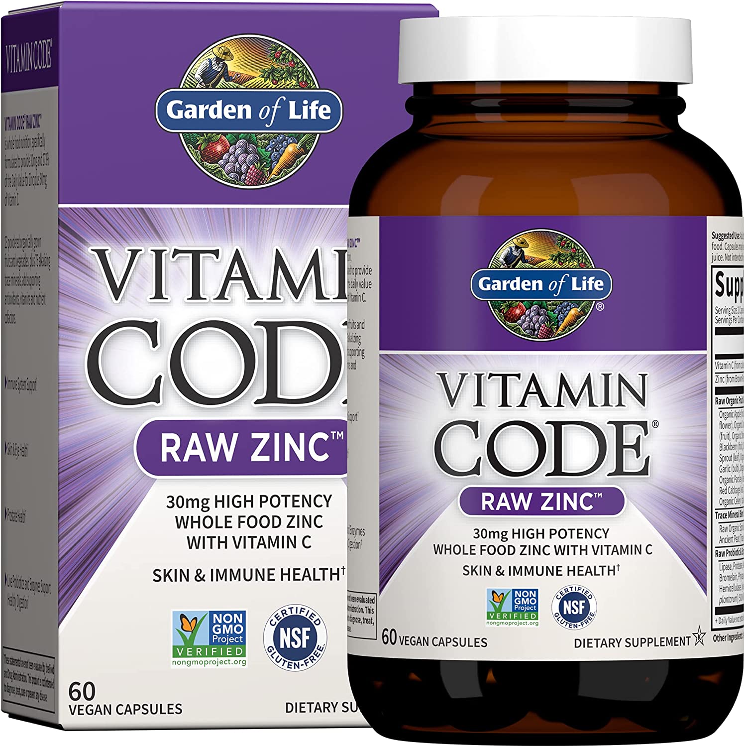 Garden of Life Zinc Supplements 30mg High Potency Raw Zinc and Vitamin C Multimineral Supplement, Vitamin Code Vitamins Trace Minerals &amp; Probiotics for Skin Health &amp; Immune Support, 60 Vegan Capsules