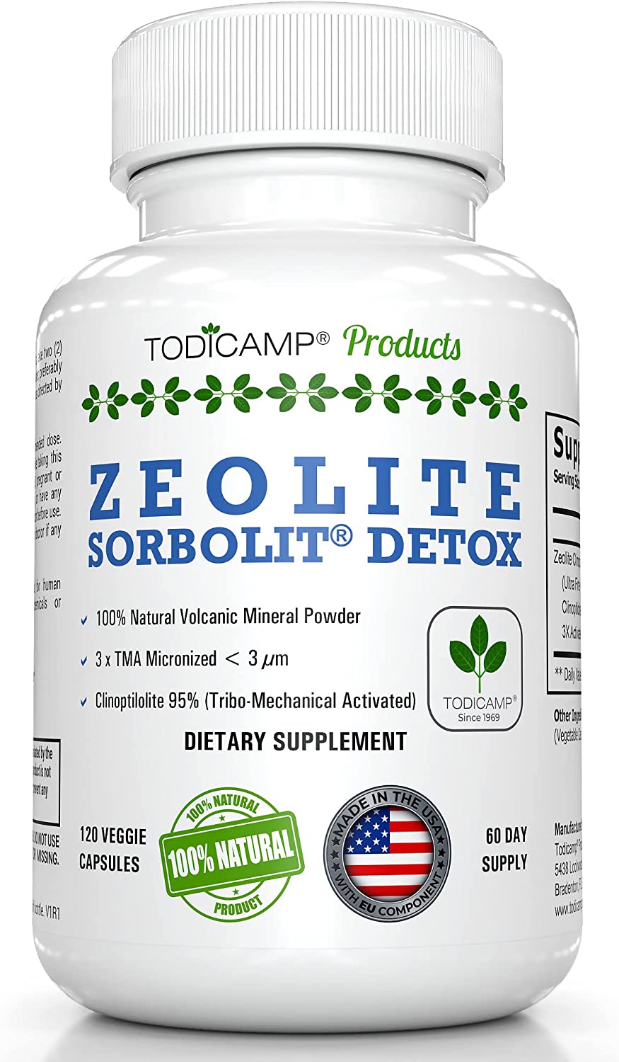 TODICAMP Zeolite Detox - Zeolite Capsules Sorbolit Ultra FINE 1-2 µm - Zeolite Clinoptilolite Powder 95% - 3X Activated - 120 Capsules