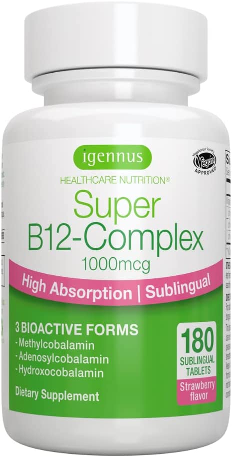 Igennus Super B12-Complex 1000mcg, Sublingual Vitamin B12, Methylcobalamin,  Adenosylcobalamin &amp; Hydroxocobalamin, Clean Label, High Absorption, 180 Servings سوبر فيتامين ب12 ، 180 قرص صغير