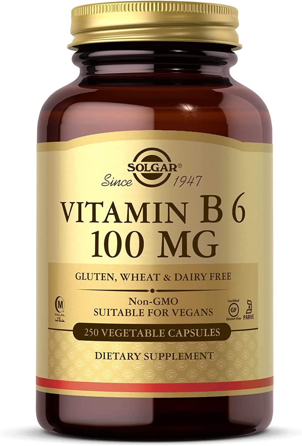 Solgar Vitamin B6 100 mg, Supports Energy Metabolism, Heart Health &amp;Healthy Nervous System ,250 Capsules<BR/>سولجار فيتامين6ب 100 مجم للكبسولة ، لصحة القلب والجهاز العصبى و زيادة إنتاج الطاقة ، 250 كبسولة نباتية