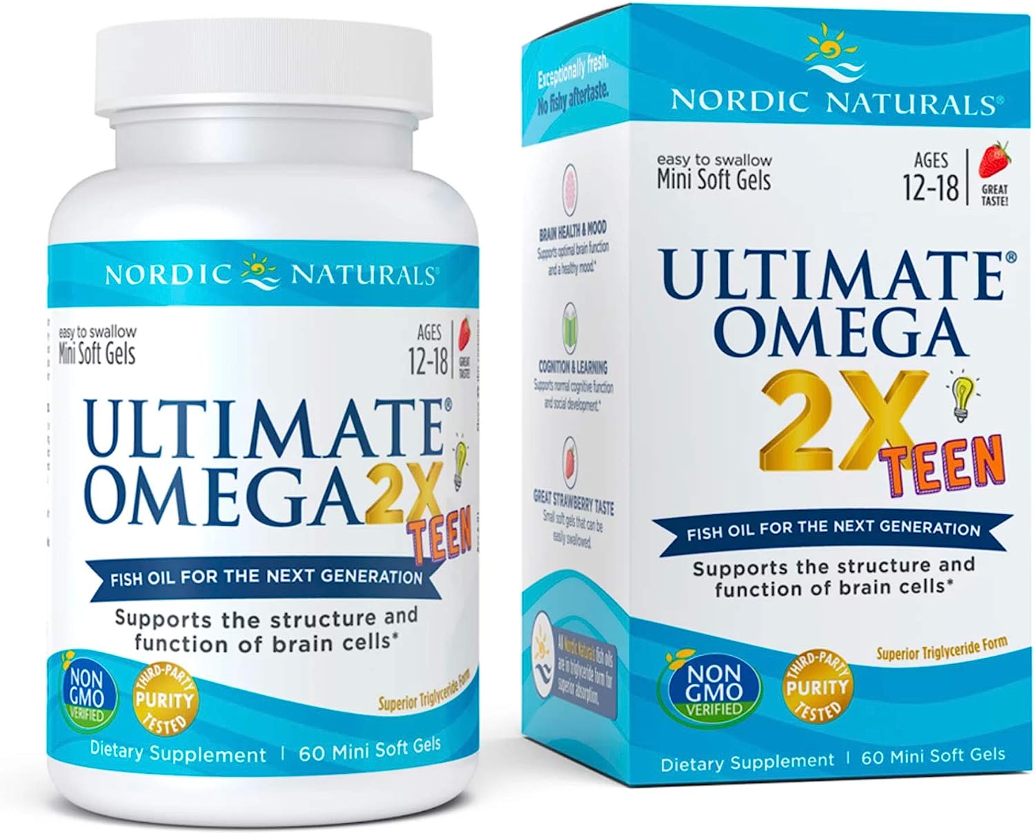 Nordic Naturals Ultimate Omega 2X Teen, Strawberry - 60 Mini Soft Gels - 1120 mg Total Omega-3s with EPA &amp; DHA - Brain Health, Positive Mood, Social Development, Learning - Non-GMO - 30 Servings