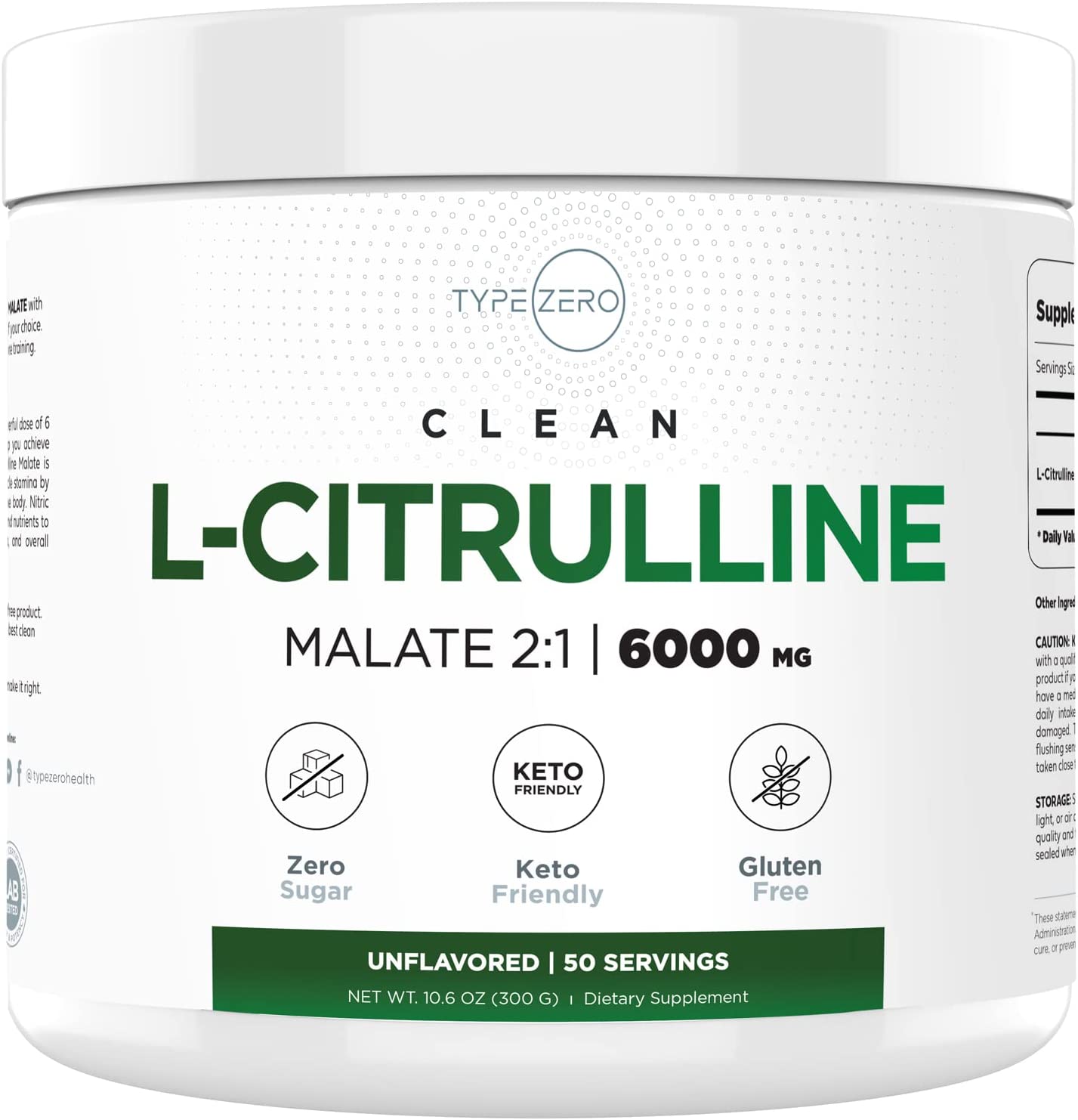 Type Zero L-Citrulline Malate Powder 2:1 6X (6000mg | Unflavored) Ultra Clean L Citrulline, Nitric Oxide Booster, Pre Workout - Nitrous Oxide Vasodilator Supplement
